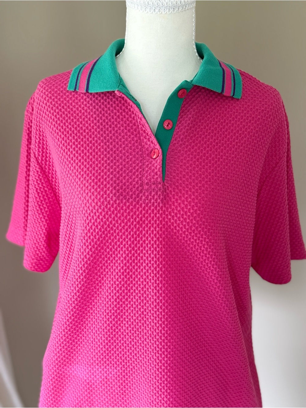 Vintage 90s Y2K Bright Pink Knit Polo with Green Contrasted Collar Golf Shirt - Picture 3 of 8